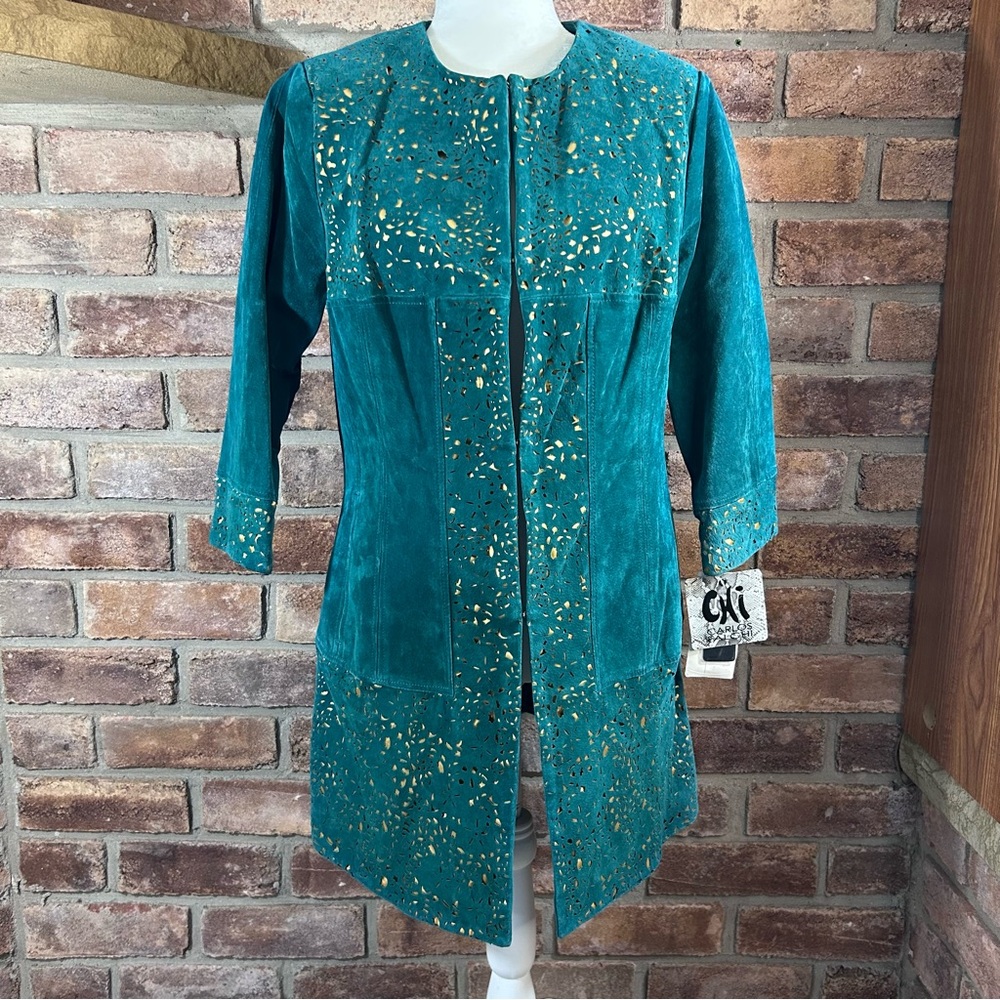Chi By Carlos Falchi Teal/Gold Leather Suede Laser-Cut Jacket